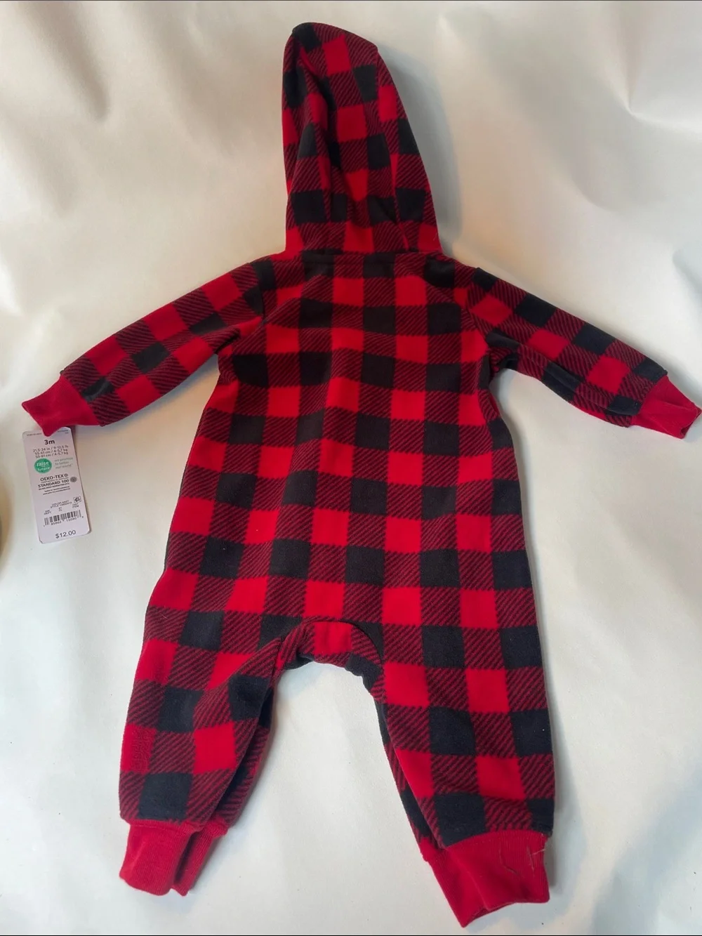 Carter's Red and Black Buffalo Plaid Hooded One-Piece with Cream Bear Applique